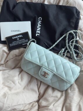 Chanel Mini Crossbody Bag / Sunglasses Holder w Chain Quilted Caviar in Ice Blue